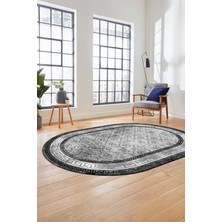Evdeya Şık Tasarım Çerçeve Desenli Modern Yıkanabilir Mutfak Oval Salon Halısı, O-Çerçeveli-10-Gri,