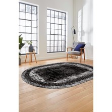 Evdeya Sade Motifli Çerçeve Desen Modern Yıkanabilir Yolluk Mutfak Oval Salon Halısı, O-Çerçeveli-14-Siyah,