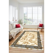 Evdeya Mermer Çerçeve Desenli Modern Yıkanabilir Yolluk Mutfak Salon Halısı, Çerçeveli-17-Bej,