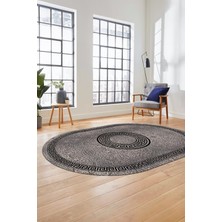 Evdeya Sade Tasarım Çerçeve Desenli Modern Yıkanabilir Mutfak Oval Salon Halısı, O-Çerçeveli-12-Gri,