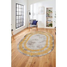 Evdeya Dijital Kaymaz Taban Yıkanabilir Çerçeveli Oval Mutfak Salon Halısı, O-Çerçeveli-05-Gold,