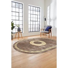 Evdeya Sade Tasarım Çerçeve Desenli Modern Yıkanabilir Mutfak Oval Salon Halısı, O-Çerçeveli-12-Kahve,