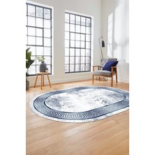 Evdeya Şık Motifli Çerçeve Desen Modern Yıkanabilir Yolluk Mutfak Oval Salon Halısı, O-Çerçeveli-13-Mavi,