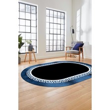 Evdeya Klasik Tasarım Çerçeve Desenli Modern Yıkanabilir Mutfak Oval Salon Halısı, O-Çerçeveli-11-Mavi,