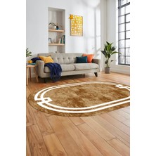 Evdeya Çerçeveli Sade Desen Yıkanabilir Kaymaz Yolluk Mutfak Oval Salon Halısı, O-Çerçeveli-33-Kahve,