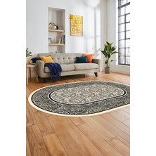 Evdeya Çiçekli Tasarım Yıkanabilir Kaymaz Taban Çerçeveli Oval Mutfak Salon Halısı, O-Çerçeveli-37-Krem,