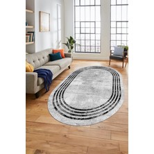 Evdeya Çerçeveli Modern Desen Yıkanabilir Kaymaz Yolluk Mutfak Oval Salon Halısı, O-Çerçeveli-32-Beyaz,