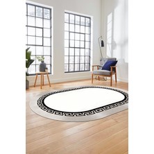 Evdeya Klasik Tasarım Çerçeve Desenli Modern Yıkanabilir Mutfak Oval Salon Halısı, O-Çerçeveli-11-Krem,
