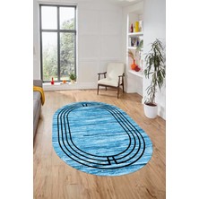 Evdeya Şık Tasarım Yıkanabilir Kaymaz Çerçeveli Modern Oval Yolluk Salon Halısı, O-Çerçeveli-42-Mavi,