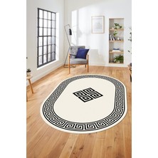 Evdeya Dijital Kaymaz Yıkanabilir Göbekli Çerçeveli Oval Mutfak Salon Halısı, O-Çerçeveli-01-Krem,