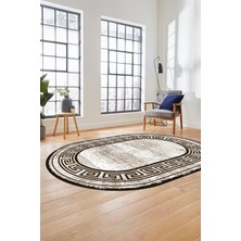 Evdeya Yeni Tasarım Çerçeve Desenli Modern Yıkanabilir Mutfak Oval Salon Halısı, O-Çerçeveli-09-Kahve,