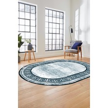 Evdeya Yeni Tasarım Çerçeve Desenli Modern Yıkanabilir Mutfak Oval Salon Halısı, O-Çerçeveli-09-Turkuaz,