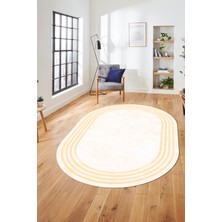 Evdeya Dijital Kaymaz Taban Yıkanabilir Sade Çerçeveli Oval Mutfak Salon Halısı, O-Çerçeveli-06-Krem,