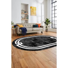 Evdeya Çerçeveli Sade Desen Yıkanabilir Kaymaz Yolluk Mutfak Oval Salon Halısı, O-Çerçeveli-33-Antrasit,