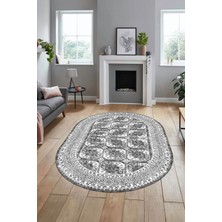Evdeya Etnik Çerçeve Desen Modern Yıkanabilir Yolluk Mutfak Oval Salon Halısı, O-Çerçeveli-20-Gri,
