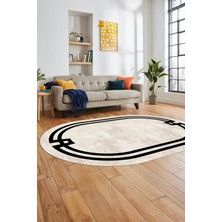Evdeya Çerçeveli Sade Desen Yıkanabilir Kaymaz Yolluk Mutfak Oval Salon Halısı, O-Çerçeveli-33-Krem,