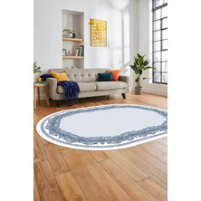 Evdeya Çerçeveli Motifli Yıkanabilir Kaymaz Yolluk Mutfak Oval Salon Halısı, O-Çerçeveli-34-Mavi,