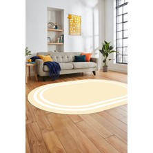 Evdeya Sade Düz Renk Çerçeveli Yıkanabilir Modern Yolluk Mutfak Oval Salon Halısı, O-Çerçeveli-38-Krem,