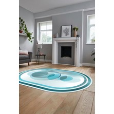 Evdeya Modern Çerçeve Desen Yıkanabilir Kaymaz Yolluk Mutfak Oval Salon Halısı, O-Çerçeveli-24-Mavi,