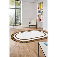 Evdeya Dijital Kaymaz Yıkanabilir Çerçeveli Ince Oval Yolluk Mutfak Salon Halısı, O-Çerçeveli-48-Beyaz,