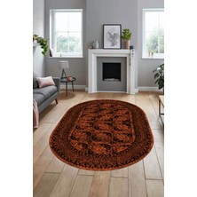 Evdeya Etnik Çerçeve Desen Modern Yıkanabilir Yolluk Mutfak Oval Salon Halısı, O-Çerçeveli-20-Kahve,