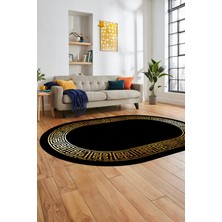 Evdeya Yeni Şık Tasarım Yıkanabilir Kaymaz Taban Çerçeveli Oval Mutfak Salon Halısı, O-Çerçeveli-36-Siyah,