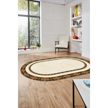 Evdeya Dijital Kaymaz Yıkanabilir Çerçeveli Ince Oval Yolluk Mutfak Salon Halısı, O-Çerçeveli-48-Krem,