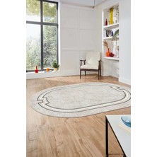 Evdeya Dijital Kaymaz Yıkanabilir Zarif Çerçeveli Ince Oval Yolluk Salon Halısı, O-Çerçeveli-50-Krem,