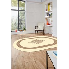 Evdeya Dijital Kaymaz Yıkanabilir Göbekli Çerçeveli Oval Yolluk Salon Halısı, O-Çerçeveli-46-Krem-,