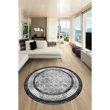 Evdeya Şık Tasarım Çerçeve Desenli Modern Yıkanabilir Mutfak Yuvarlak Salon Halısı, Y-Çerçeveli-10-Gri,