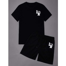 Amor Man Büyük Beden Özel Tasarım La Baskılı 2 Iplik Tam Yazlık Pamuk Erkek T-Shırt Şort Takımı