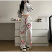 Amor Man Özel Tasarım Lastikli Yüksek Bel Hello Kitty Baskılı Ispanyol Paça Yazlık Kadın Eşofman Altı