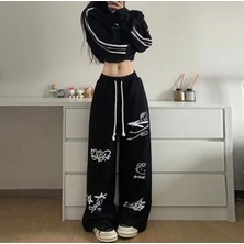 Amor Man Özel Tasarım Lastikli Yüksek Bel Hello Kitty Baskılı Ispanyol Paça Yazlık Kadın Eşofman Altı