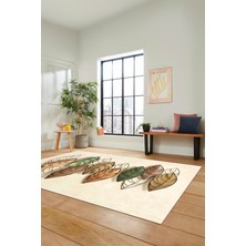 Evdeya Dijital Kaymaz Taban Yıkanabilir Yaprak Desenli Yolluk Mutfak Salon Halısı Modern-08-Krem