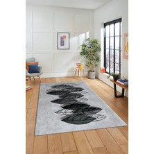 Evdeya Dijital Kaymaz Taban Yıkanabilir Yaprak Desenli Yolluk Mutfak Salon Halısı Modern-08-Gri