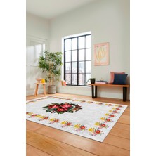 Evdeya Modern Çiçek Desenli Dijital Kaymaz Yıkanabilir Yolluk Mutfak Salon Halısı Modern-20-Beyaz