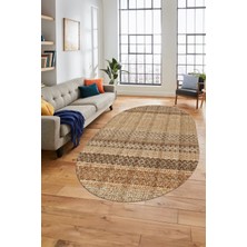 Evdeya Baskılı Kaymaz Yıkanabilir Şık Kilim Desen Oval Yolluk Halısı Salon Halısı O-Modern-70-Kahve
