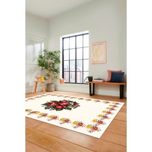 Evdeya Modern Çiçek Desenli Dijital Kaymaz Yıkanabilir Yolluk Mutfak Salon Halısı Modern-20-Krem