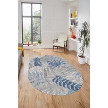 Evdeya Baskılı Kaymaz Taban Yıkanabilir Yapraklı Oval Yolluk Mutfak Salon Halısı O-Modern-95-Mavi