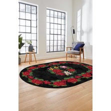 Evdeya Modern Çiçek Dijital Kaymaz Yıkanabilir Oval Yolluk Mutfak Salon Halısı O-Modern-21-Antrasit
