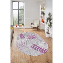 Evdeya Baskılı Kaymaz Taban Yıkanabilir Yapraklı Oval Yolluk Mutfak Salon Halısı O-Modern-95-Mor