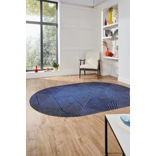 Evdeya Şık Desen Baskılı Kaymaz Taban Yıkanabilir Modern Oval Yolluk Salon Halısı O-MODERN-111-MAVİ
