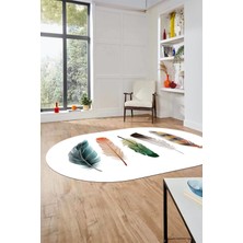 Evdeya Yaprak Desen Baskılı Kaymaz Taban Yıkanabilir Modern Oval Yolluk Salon Halısı O-MODERN-114-BEYAZ