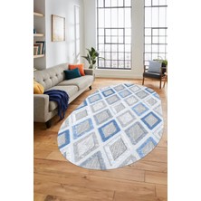 Evdeya Baskılı Kaymaz Yıkanabilir Baklava Desen Oval Yolluk Halısı Salon Halısı O-Modern-66-Mavi