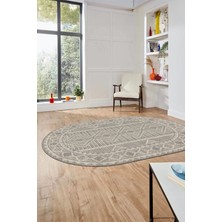 Evdeya Kilim Desen Baskılı Kaymaz Taban Yıkanabilir Modern Oval Yolluk Salon Halısı O-MODERN-108-BEJ