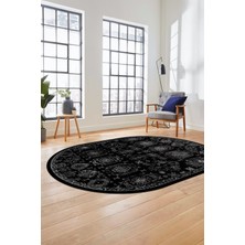 Evdeya Modern Etnik Desen Dijital Kaymaz Yıkanabilir Oval Yolluk Mutfak Salon Halısı O-Modern-29-Siyah