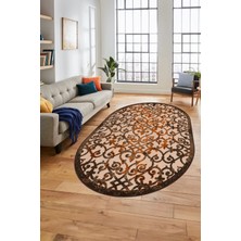 Evdeya Modern Klasik Desen Dijital Kaymaz Yıkanabilir Oval Yolluk Mutfak Salon Halısı O-Modern-32-Kahve