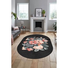 Evdeya 3D Modern Çiçek Desen Dijital Kaymaz Yıkanabilir Oval Yolluk Salon Halısı O-Modern-35-Antrasit