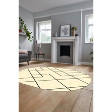 Evdeya Baskılı Kaymaz Yıkanabilir Çizgili Modern Oval Yolluk Halısı Salon Halısı O-Modern-58-Krem