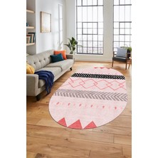 Evdeya Sade Modern Kilim Desenli Dijital Kaymaz Yıkanabilir Oval Yolluk Salon Halısı O-Modern-75-Pembe